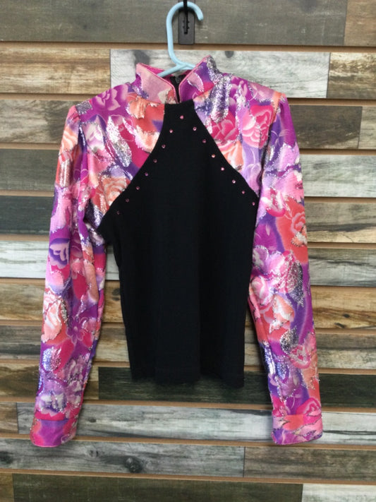 USED Hobby Horse Youth Western Show Shirt L/XL Black/Pink/Purple/Metallic
