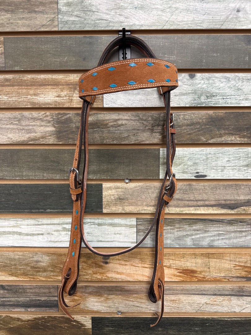 USED  Western Headstall Horse Light Oil with Teal inlays