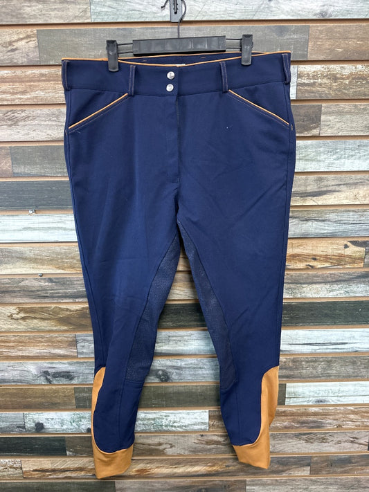 USED Dover Ladies English Full Seat Breeches 34 Navy with caramel trim