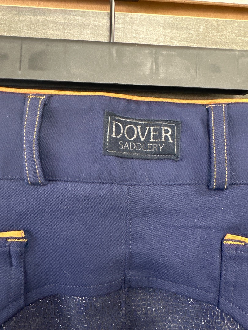 USED Dover Ladies English Full Seat Breeches 34 Navy with caramel trim