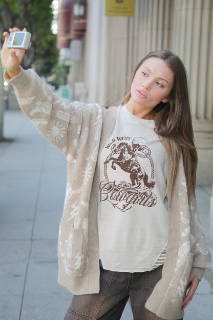 Wild West Cowgirls Graphic Knit Top - Taupe or Olive