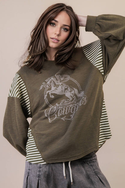 Wild West Cowgirls Graphic Knit Top - Taupe or Olive