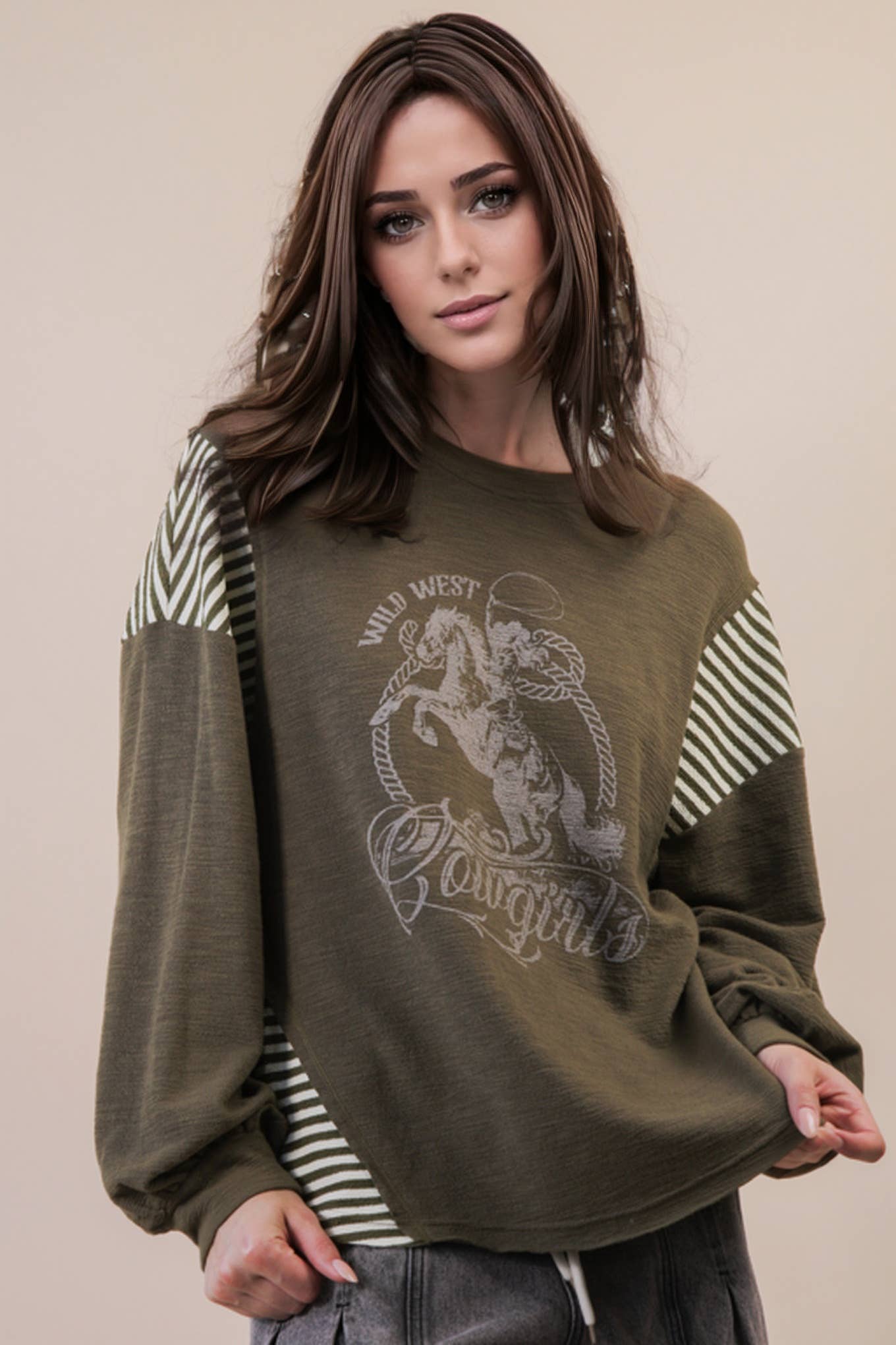 Wild West Cowgirls Graphic Knit Top - Taupe or Olive