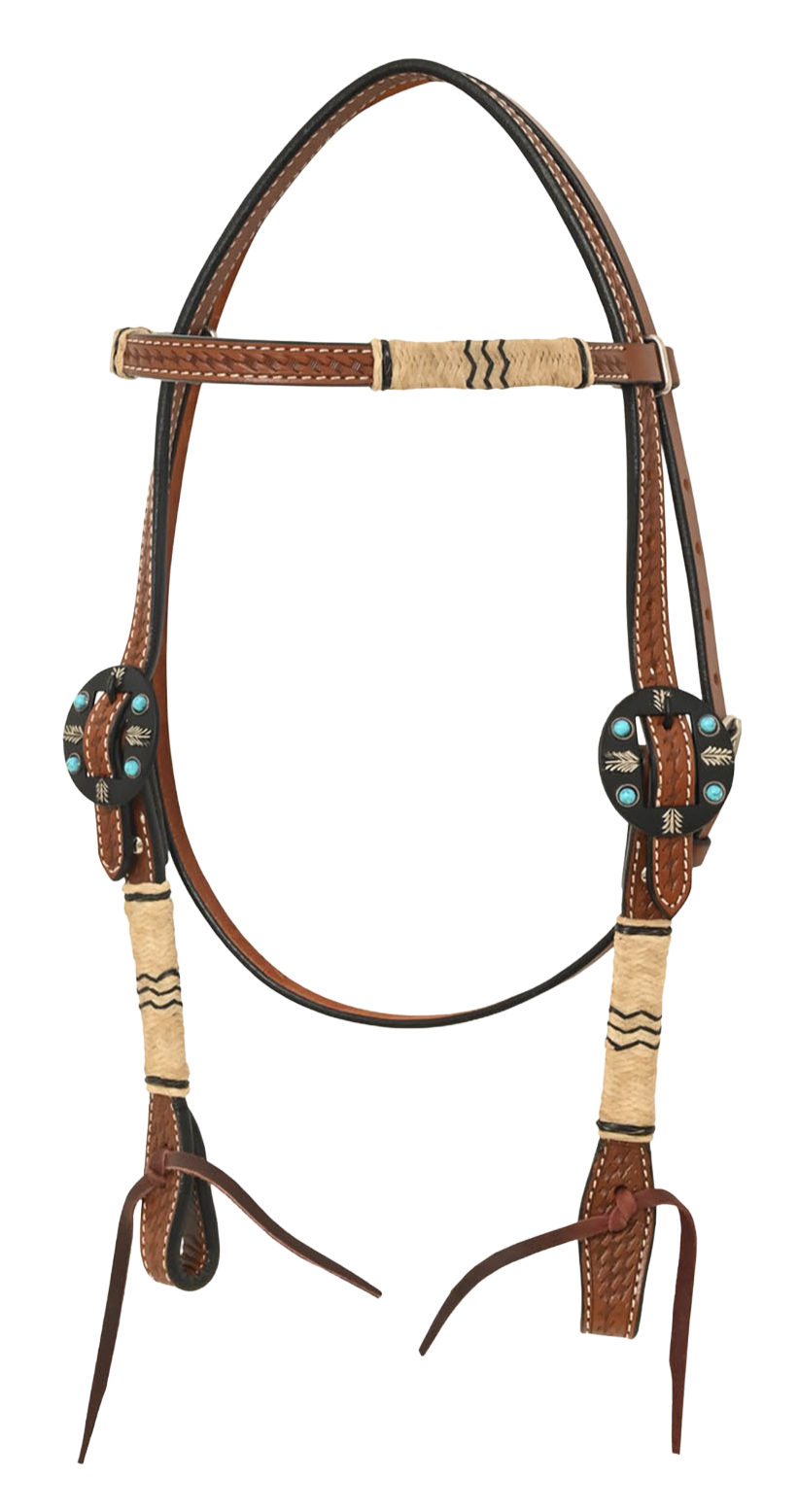 Oxbow Chestnut Basket Tooled Browband Headstall w/ Rawhide Knotting & Fancy Buckle