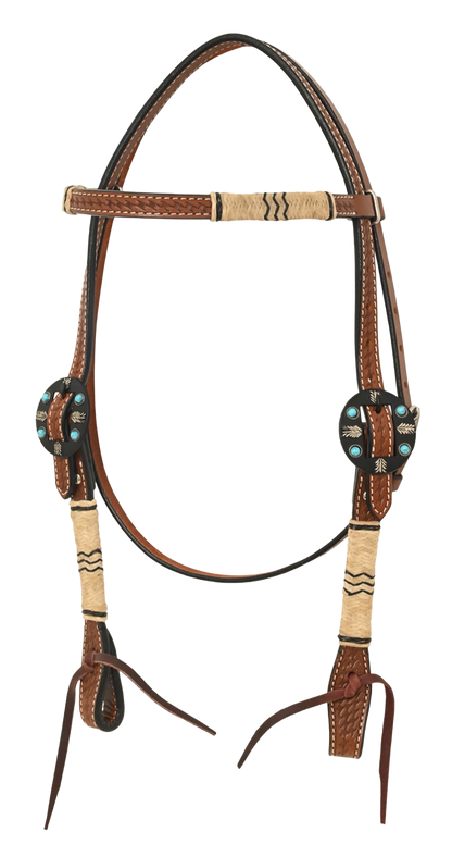 Oxbow Chestnut Basket Tooled Browband Headstall w/ Rawhide Knotting & Fancy Buckle