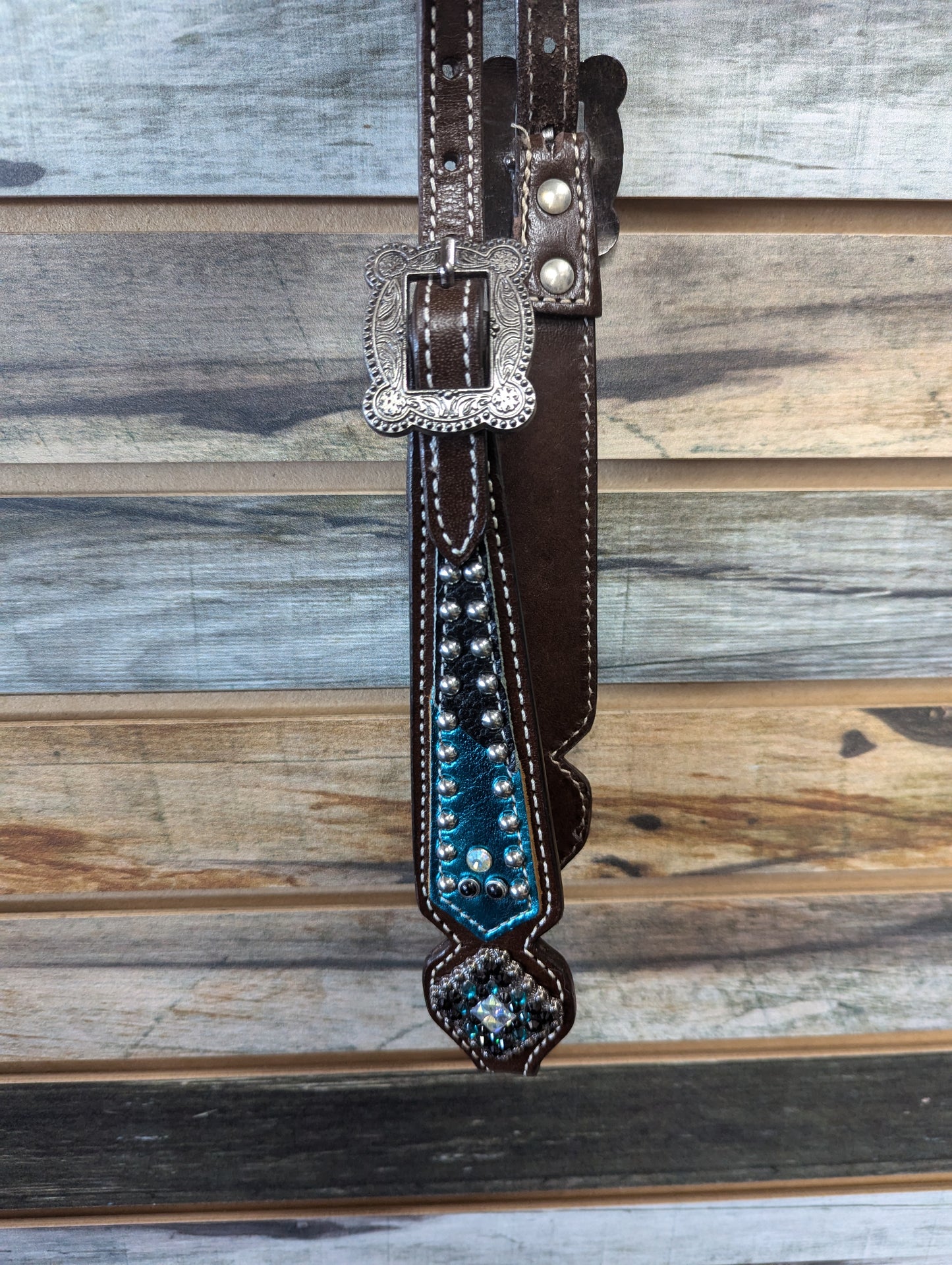 Showman Chocolate Leather Headstall w/teal inlay accents and bling conchos