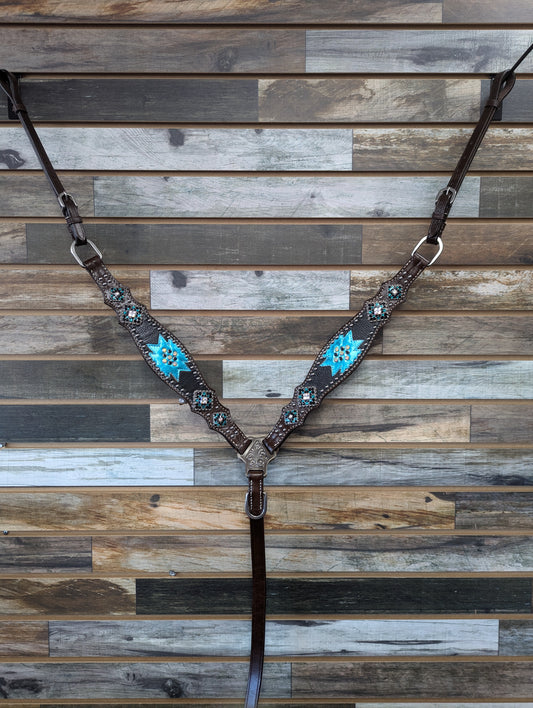 Showman Chocolate Leather Breastcollar w/teal inlay accents and bling conchos