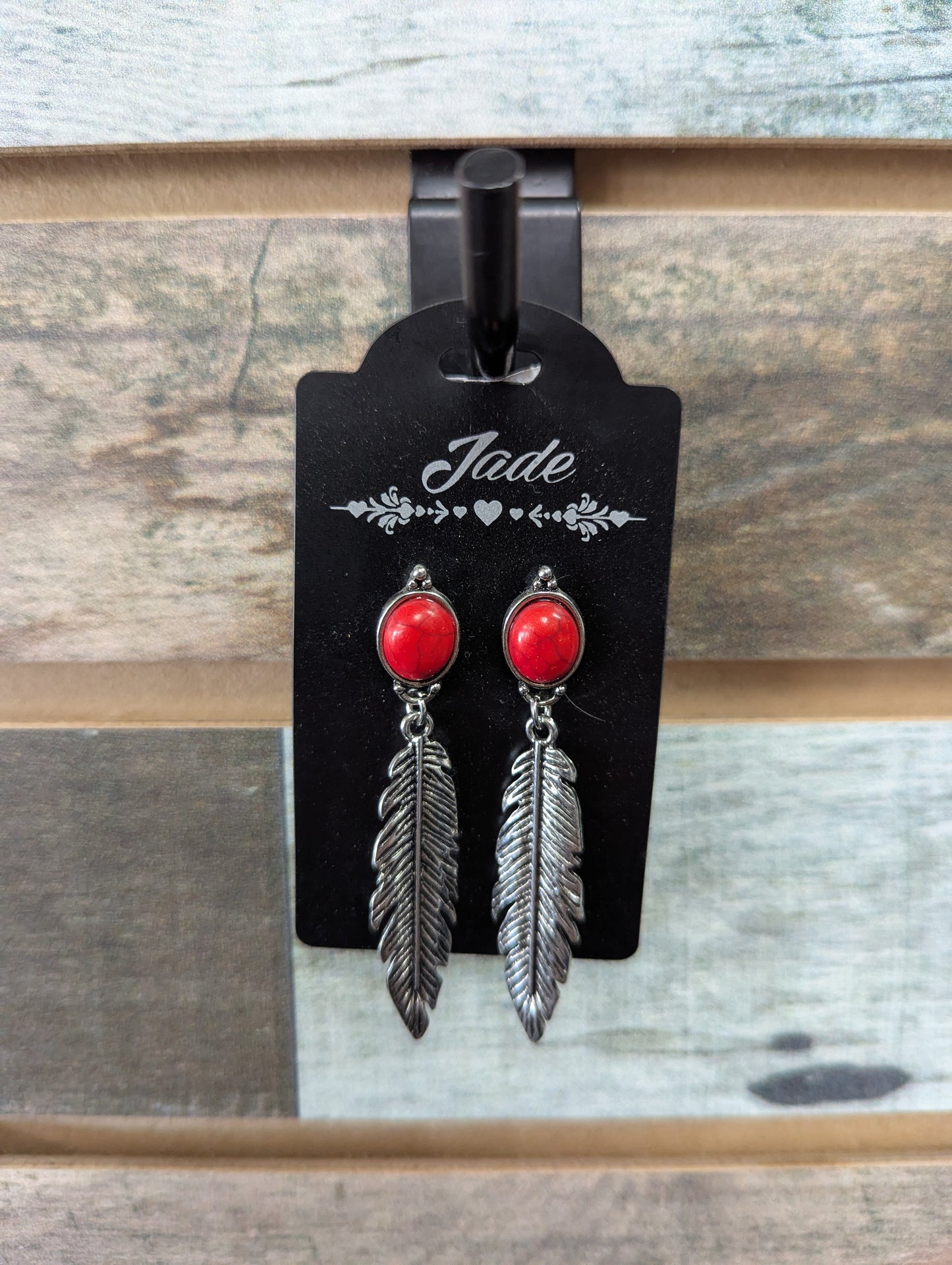 Red Stone Feather Dangle Earring