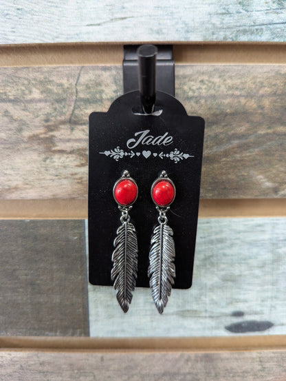 Red Stone Feather Dangle Earring