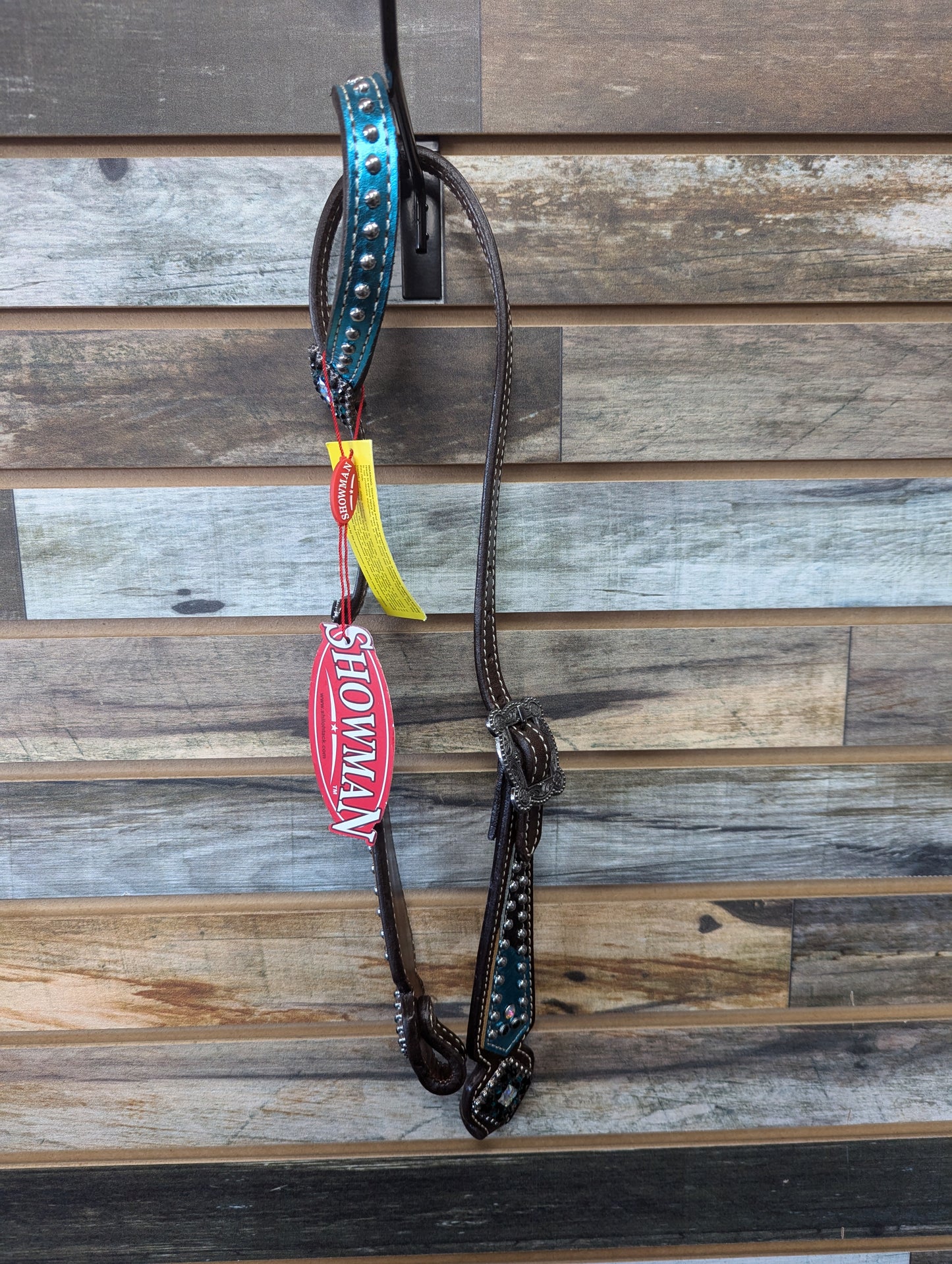 Showman Chocolate Leather Headstall w/teal inlay accents and bling conchos