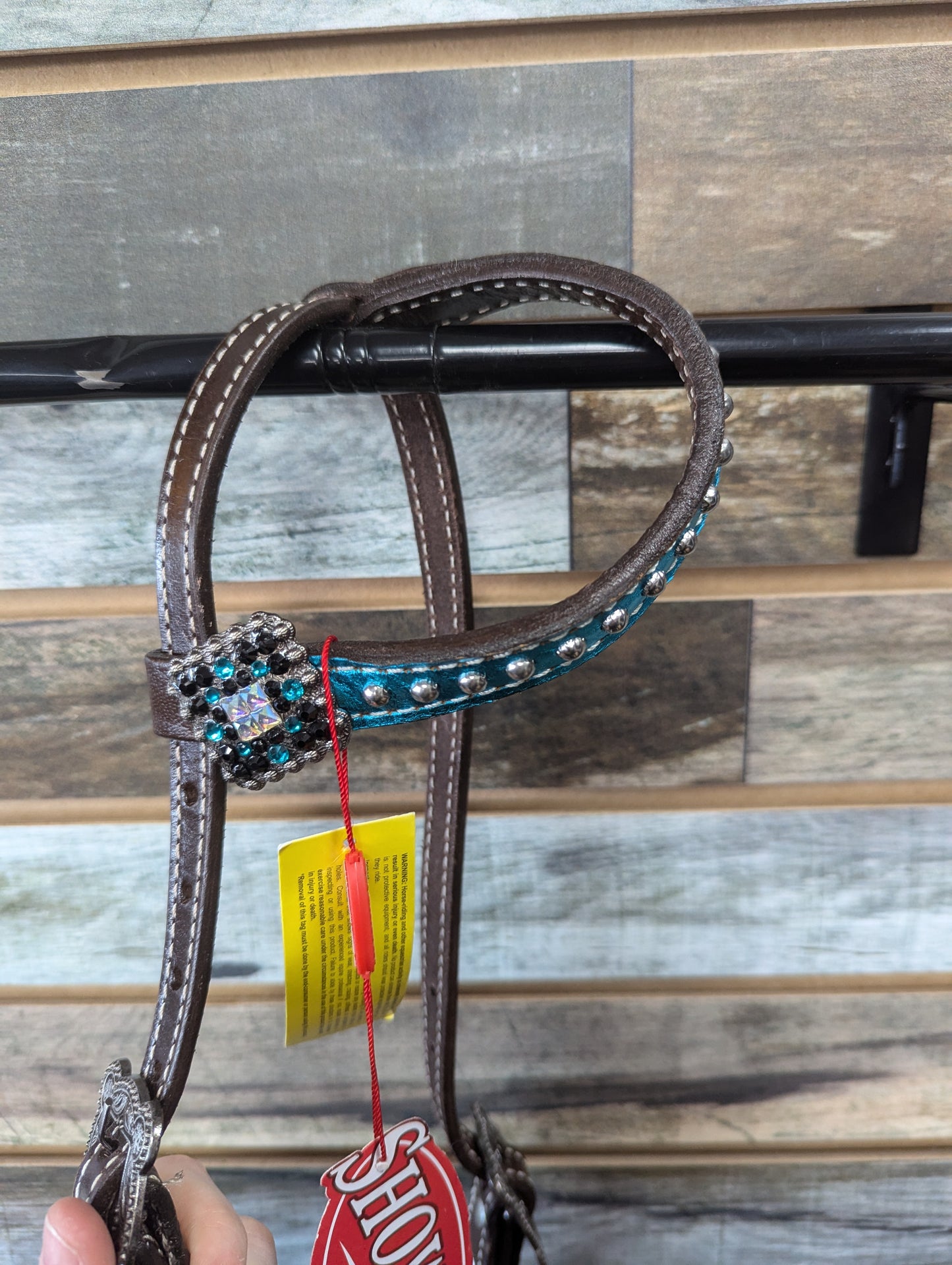 Showman Chocolate Leather Headstall w/teal inlay accents and bling conchos