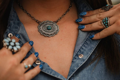 Sterling Concho and Kingman Turquoise Necklace - 18 inch