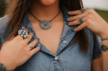 Sterling Concho and Kingman Turquoise Necklace - 18 inch