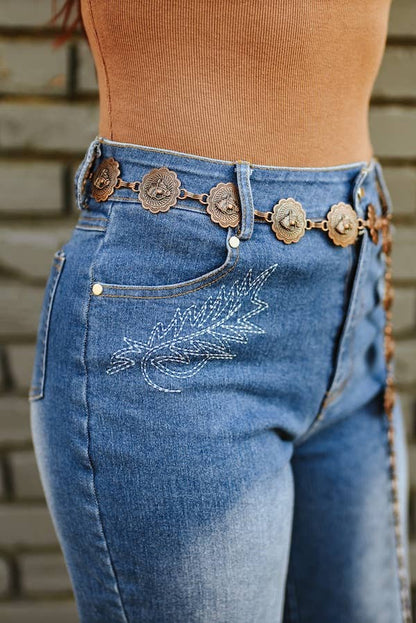 Stone Wash High Rise Boot Stitch Embroidered Flare Jeans