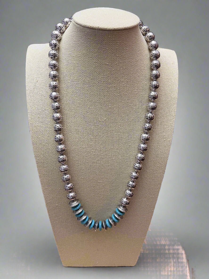 Western Faux Stamped Sterling Pearls, Saucers and Turquoise - 24 inch + 3