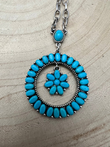 Western Faux Turquoise Flower Cluster Necklace - 18 inch