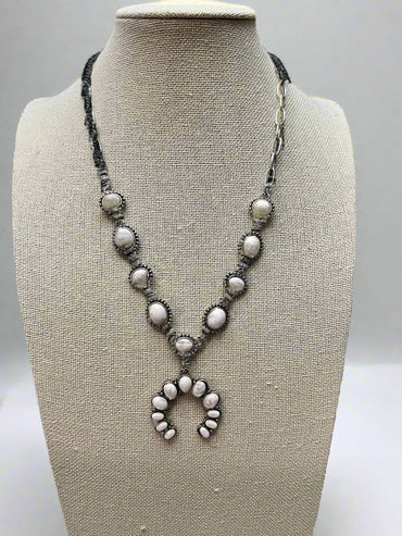 White Stone Faux Squash Blossom Necklace - 16 inch + 3