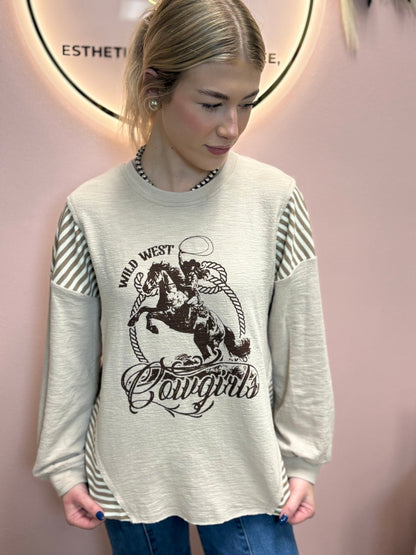 Wild West Cowgirls Graphic Knit Top - Taupe or Olive