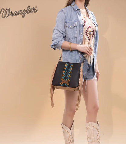 Wrangler Aztec Embroidered Crossbody Bag - Black